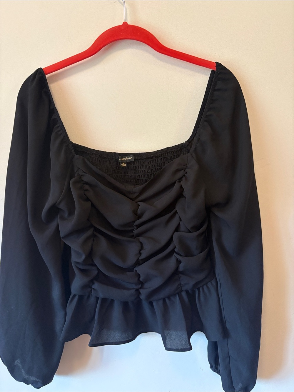 Shinestar Black Ruched Square-Neck Peplum Blouse